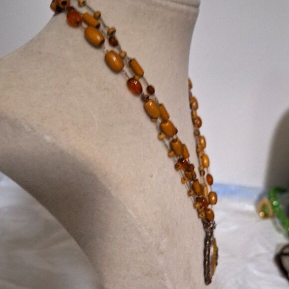 Beaded Boho Women's Necklace Amber Colored Glass Iridescent Fairy Core As-Is - Picture 11 of 13